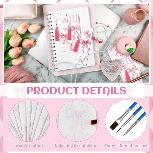 Kosiz 12 Pcs Pink Bow Paint by Number Kit for Adult Wood Bookmark | Mini Paint by Numbers Kit, Painting Decor, Tiny Tassels Blank Bookmarks, for Small DIY Craft Book Lovers Gift 7x2 ''