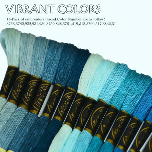 Blue Gradient Color Embroidery Floss - Cross Stitch Threads - Friendship Bracelets Floss - Crafts Floss - 14 Skeins Per Pack Embroidery Floss