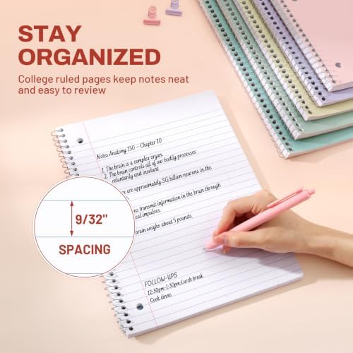 SUNEE Spiral Notebooks, 1-Subject, 10 Pack, College Ruled Paper, 8" x 10-1/2", 70 Sheets per Notebook,3-Hole Punched Paper, Pink,Purple, Blue, Green, Yellow Spiral Lined Notebooks for School,Work