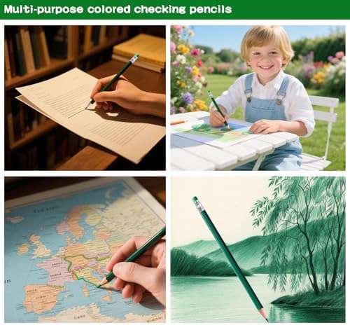Adhere 25pcs Checking Pencils Erasable colored Pencils Pre-Sharpened #2 HB,for Checking Tests Grading,Map Coloring, editing Office Favors,including a Free sharpener. (Green)