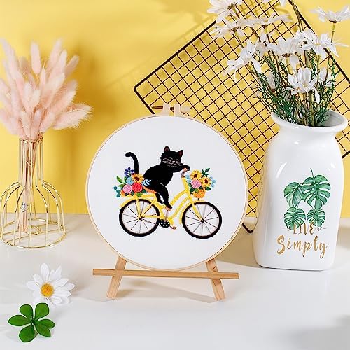 Louise Maelys Cat Bicycle Embroidery Kit for Beginners Floral DIY Craft