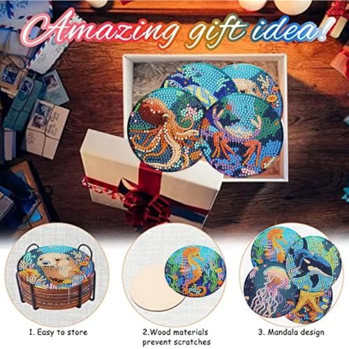 8 Pack Diamond Art Coasters,Ocean animal Diamond Painting Coasters Kits