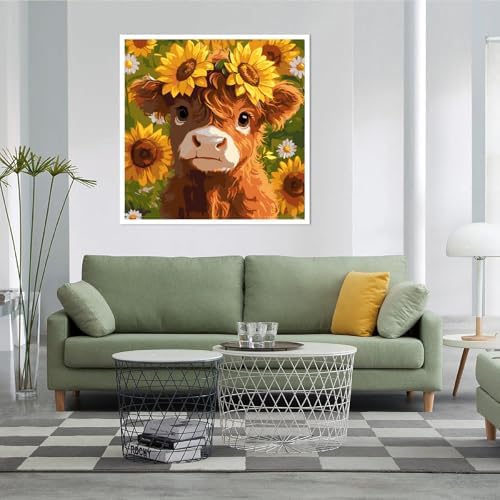 AALBLAC Cow Paint by Numbers Kit for Adults Beginners, Highland Cow Flower Paint by Number for Adults, Easy Animal Acrylic Painting by Numbers for Home Wall Decoration (16x16 inch)