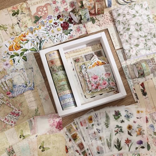 Vintage Botanical Scrapbooking Supplies Kit, Aesthetic Flower Scrapbook Kit for Bullet Junk Journal, 12 Rolls Washi Tape, Stickers Papers for DIY Journaling Supplies, Craft Gift for Girl Women