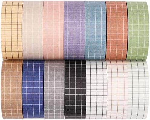 Knaid Grid Washi Tape Set, 14 Rolls of 15 mm Wide Decorative Colored Masking Tapes for Scrapbooking, DIY Decor and Crafts, Bullet Journals, Planners, Junk Journal, Gift Wrapping