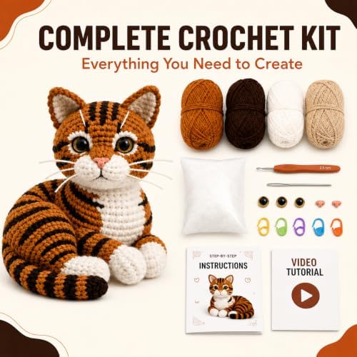 Crochet Kit for Beginners Orange Tabby Cat DIY Animal Set with Video Guide