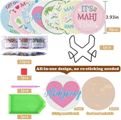 8 Pack Mahjong Diamond Art Coasters Kit for with Holder & Cork Backing