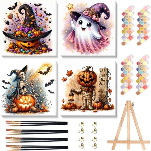 SUJINMEI 4 Pack Halloween Paint by Numbers Kit for Kids with Frame 8x8 inch