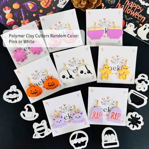 Xaekicr Halloween Polymer Clay Cutters Set – 8Pcs Clay Cutters for Earrings, Pumpkin Skull Witch Hat Molds for DIY Clay Jewelry Making