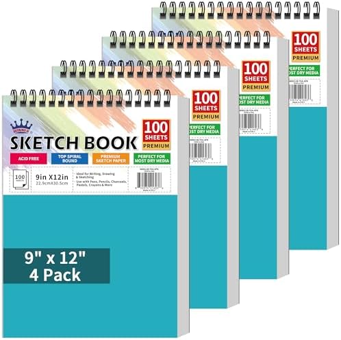 WINNER 9" x 12" Sketch Book 4 Pack, 400 Sheets Spiral Bound Art Sketchbook, 68lb/100gsm White Acid Free Drawing Pad, Sketching Doodling Drawing Writing Sketch Pad, Art Supplies for Back to School