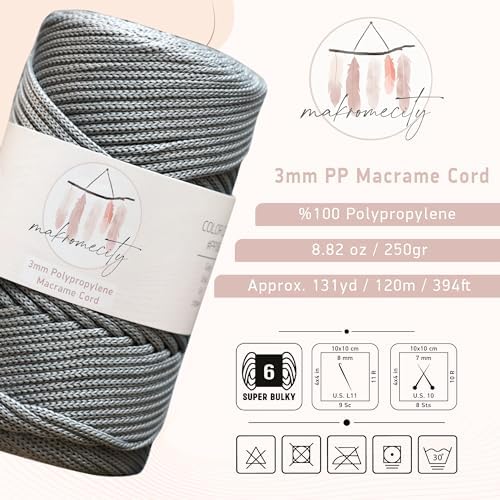 Makromecity, Premium Polyester Macrame Cord 3mm x 131 Yards (394 feet) 3mm Polypropylene Grey Macrame Cord Crochet Macrame Bag Cord Crafts for Wall Hangings, Bags, Underplate, Rug