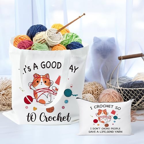 Y1tvei Crochet Canvas Tote Bag - 2Pcs Cosmetic Pouch Tote Bag Reusable Grocery Folding Shopping Bag for Crocheters Women