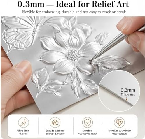 Yaocom 22 Pcs Metal Embossing Kit for Beginners, 0.3mm Thick Aluminum Sheets with Embossing Tools, Stylus, Tracing Paper and Felt Pad, 8 x 12 Inch DIY Craft Set for Art, Frame Not Included