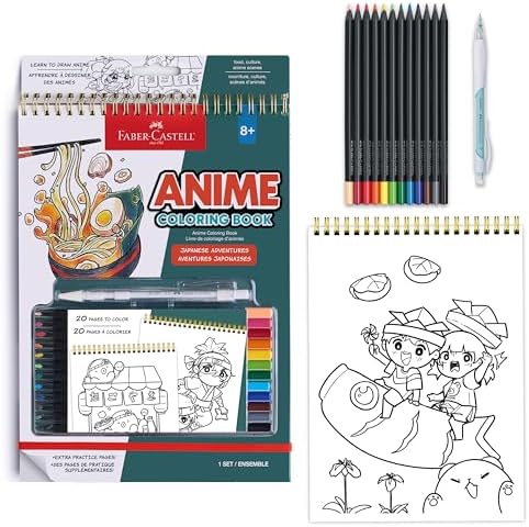 Faber-Castell Anime Drawing Kit: Japanese Adventures Edition | Step-by-Step Instruction Book with 20 Practice Pages, Color Pencil Set & Drawing Supplies for Kids, Summer Craft Supplies (1 Book)