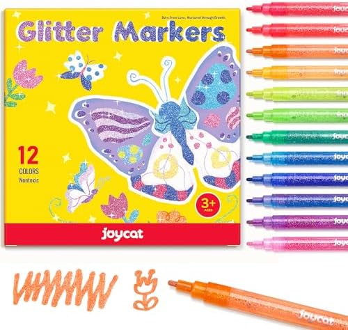 JoyCat 12-Color Glitter Markers for Kids, 3mm Paint Pens, High-Capacity Ink
