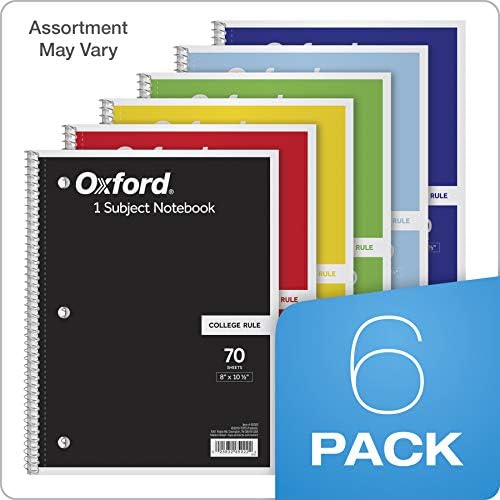 Oxford Spiral Notebook,1 Subject,College Ruled Paper,8 x 10-1/2 Inch,Color Assortment Design May Vary (65007),(Pack of 24)