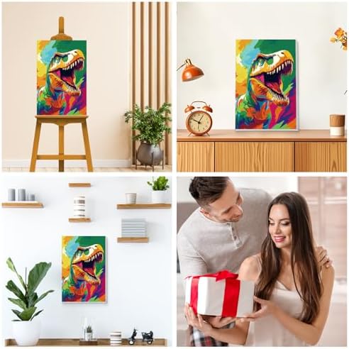 KEYIFA Paint by Numbers for Adults on Framed Canvas - with Wooden Easel, Colorful T-Rex Painting by Number Kit for Beginners, DIY Cartoon Acrylic Paint-by-Number Kits for Home Wall Decor (8x12 inch)