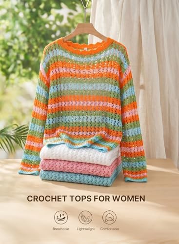 EVALESS Crochet Tops for Women Long Sleeve Hollow Out Knit Sweaters