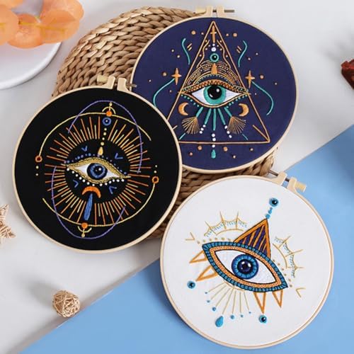 Qupace 3 Pcs Black Evil Eye Embroidery Kits for Beginners Adults,Stamped Cross Stitch Craft Set with 3 Embroidery Hoops & Finished Stands, Mystical Boho Eye Pattern Needlework Kit