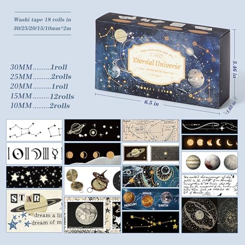 18 Rolls Celestial Washi Tape Set Galaxy washi Tape for Crafts and Journaling DIY washi Tape for journaling Decorative Tape for Scrapbook Scrapbooking Supplies