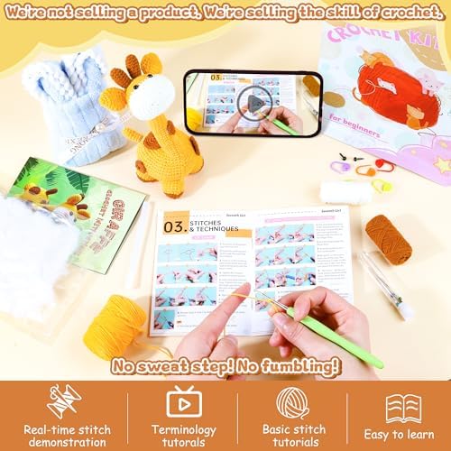 Beginner Crochet Kit for Making Adorable Giraffe - Complete DIY Craft Kit with Yarn, Hooks, and Video Tutorial - Ideal Arts and Crafts for Adults, Room Decor Gift