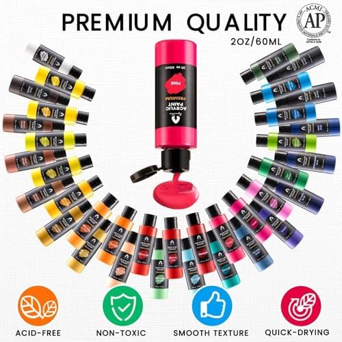 52 Pcs Acrylic Paint Set - 36 Colors (2oz/60ml) with 12 Brushes, 2 Knives & Palette - Rich Pigments for Adults, Artists & Beginners - Painting on Pumpkin Canvas Ceramic Rock Wood
