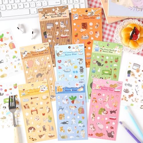8 Sheets Cute Cat Stickers, Kawaii Cartoon Kitten Scrapbook Stickers, Aesthetic Decorative Decals for Journaling, DIY Crafts, Planner, Laptop, Phone Case| Gift for Cat Lovers