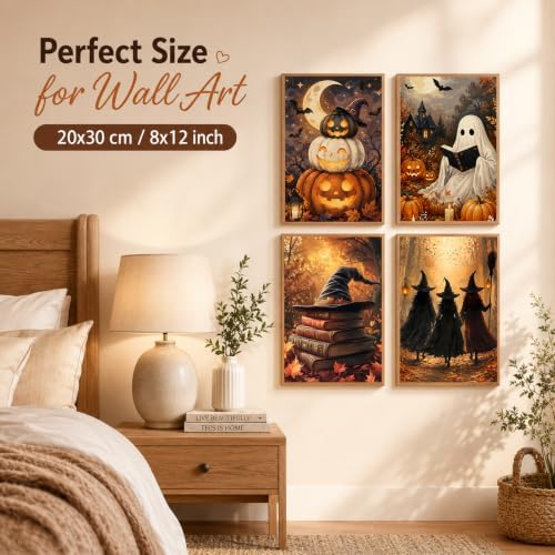 AUKELHJ 4 Pack Framed Paint by Numbers Kit for Adults, Halloween, 8x12 inch | Paint by Number for Adults, Beginner Friendly, Framed Canvas, Easel Included, Fun and Relaxing, Gifts Box, Home Wall Decor