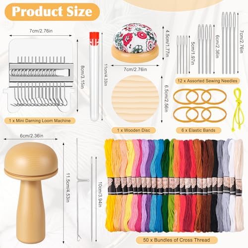 Meetory Knit Patch - Mushroom Mini Darning Loom, Knitpatch Kit with 14 Hooks Small Weaving Loom 14 Pcs Large Eye Needles 50 Color Threads for Handcraft DIY Weaving Repair Tool for Mending Jeans Socks