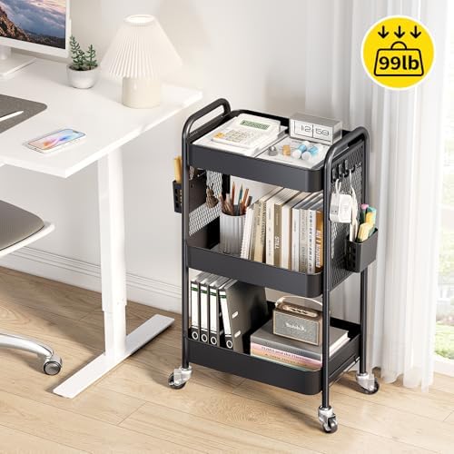 TOOLF 3 Tier Rolling Cart, Metal Utility Storage Cart with Pegboard, Black | 2 Bins & 4 Hooks, Screwless Assembly, Lockable Wheels, Trolley Organizer for Bathroom, Kitchen, Office, Dorm, Craft Room