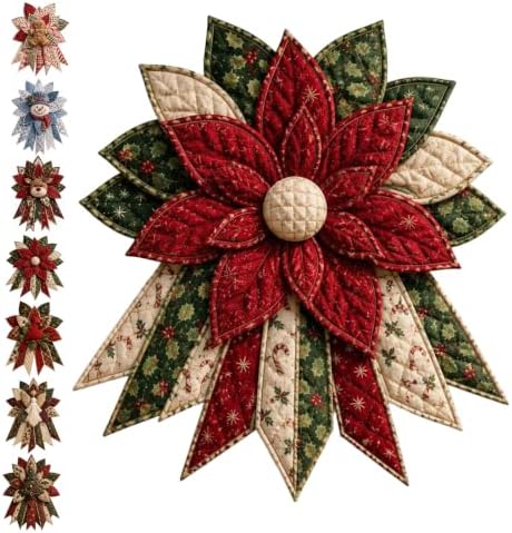 Festive Quilted Christmas Door Hanging DIY Sewing Kit, Christmas Quilted Bow DIY Kit with Fabric, Batting, Thread, Templates & Instructions, Patchwork Hanging Decor Kit for Door Wall Display (E-1)