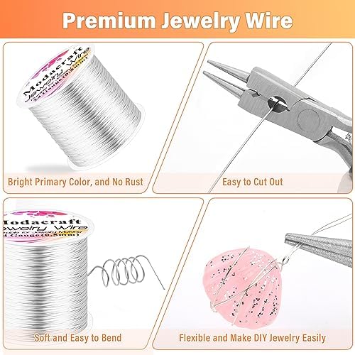 Modacraft 24 Gauge Wire for Jewelry Making with 4-in-1 Pilers, 213.3 FT/0.5 mm Craft Wire Tarnish Resistant Copper Beading Wire for Jewelry Making Supplies and Crafting (Silver)