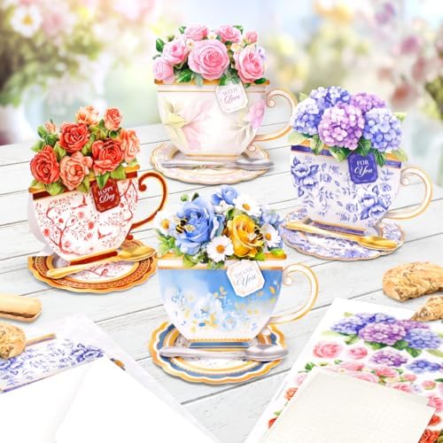 Katy Sue Teacup Bouquet Card Making Kit – Make 8 Freestanding Floral Teacup Easel Cards. Contains Shaped Cards, Die-Cut Decoupage, Adhesive Foam Pads, Envelopes & Instructions for Card Making Supplies