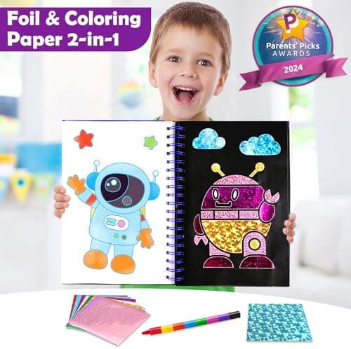 FUNNYB&G Foil Art Craft Kit for Kids, Sparkly Birthday Gift Toy for Boys | No Mess, Kids Ages 4-10 Create Sparkling Artwork, A Creative Gift for Birthdays, Holidays, Travel Activities,Screen-Free Fun