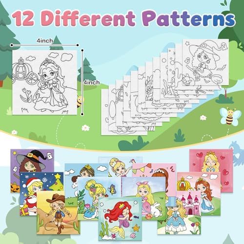 Anseal 12 Packs Pre Drawn Canvas to Paint, 4" X 4" Priness Pre-Printed Canvas Paint Party, Stretched Outline Painting Boards for Beginners, Party Favor