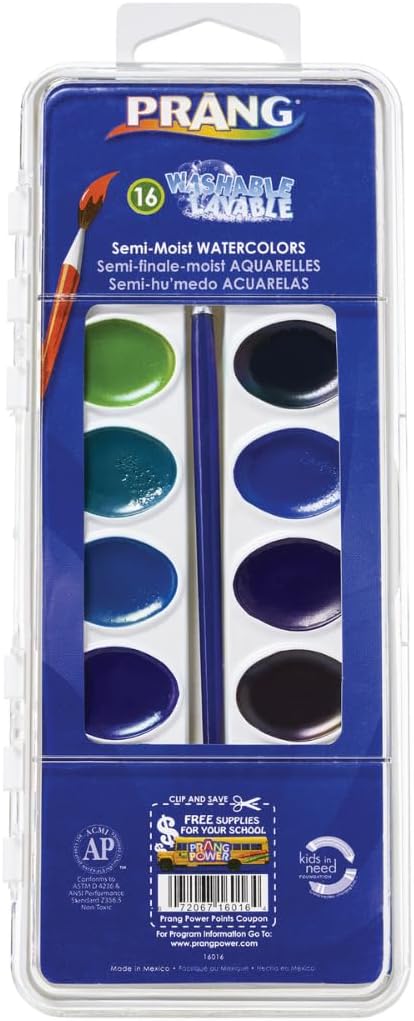 Prang Washable Semi-Moist Watercolors Oval Pan Set with Size 6 Paintbrush, Non-Refillable, 16 Assorted Colors, Pack of 6