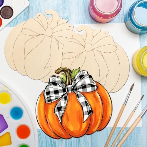 Unfinished Fall Wreaths Wood Crafts to Paint Set of 3, 11" Bulk Autumn Pumpkin Wreath Ornaments for Painting, Unfinished Wood Cutouts DIY Ornaments for Front Door with Ropes