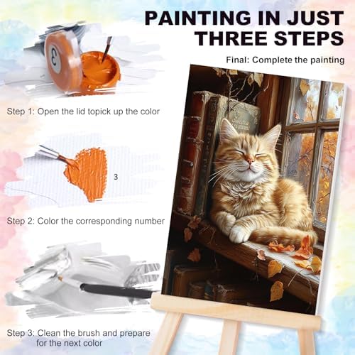 4 Pcs Framed Paint by Numbers Kit for Adults Sleeping Cat with Wooden Easel | With Frame Canvas, Cat DIY Acrylic Painting, For Adults Beginner, Stress Relief Craft Kits, Home Wall Decor Gift, 8x12 IN