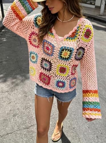 Kinghua Crochet Tops for Women Spring Summer Boho Floral Shirts Coverups