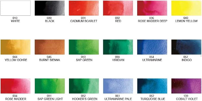 Kuretake Gansai Tambi Watercolor Paint Set, 18 Colors, Made in Japan | 18 vivid opaque colors, non-granulating pigment, large pans, palette & color chart, Professional Use, Artist Grade