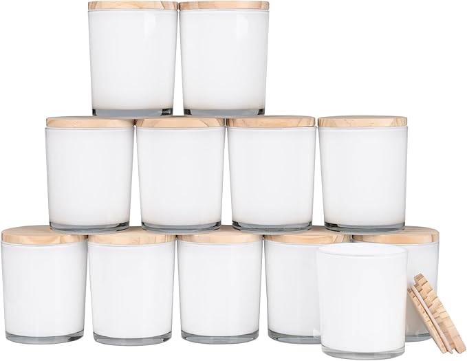 SHOWIN Thick Candle Jars for Making Candles 12 Pcs, 7 OZ Empty Jars with Wood Lids for Candle Making, Sample Container, Inner White