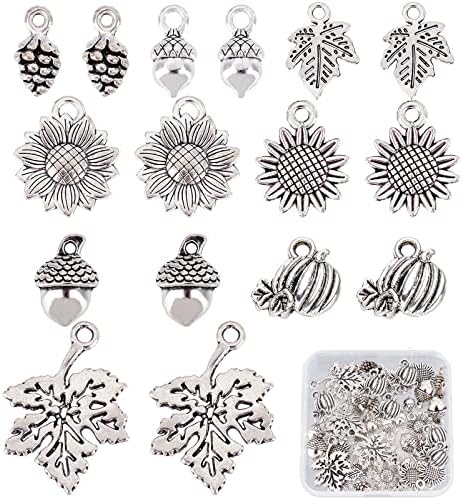 SUNNYCLUE 1 Box 48Pcs Thanksgiving Charms Bulk Tibetan Style Antique Silver Sunflower Charms Fall Leaf Charm Hollow Maple Leaves Vintage Alloy 3D Pinecone Charms for Jewelry Making Charm DIY Craft
