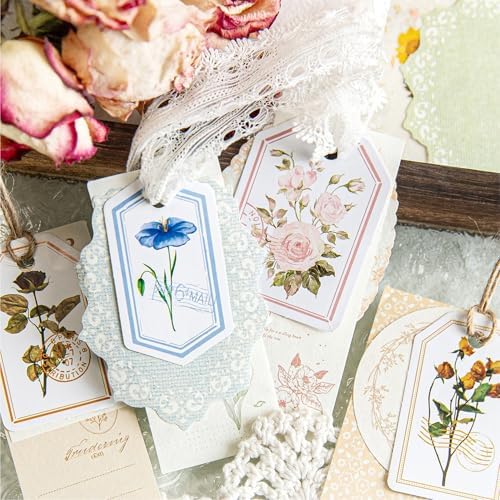 100Pcs Light Blue Vintage Scrapbook Paper & Journaling Stickers Set, Mix Sizes Antiqu Printed Craft Paper, Retro Floral Design Junk Journal Supplies for DIY Card Making, Journaling, Photo Album