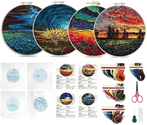 Maydear 4 Pack Embroidery Starter Kit with Pattern, Stamped Cross Stitch Kits for Beginners Adults with Embroidery Hoop and Instructions, Hand Embroidery Kit (Embroidery kit flower2)