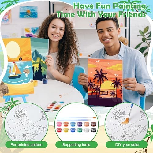 Blosssound 10 Set Pre Printed Canvas Pre Drawn Canvas Painting with Easel Kits 5" x 7" Outline Painting Panels for Beginners, DIY Craft Project, Home Decors(Summer)