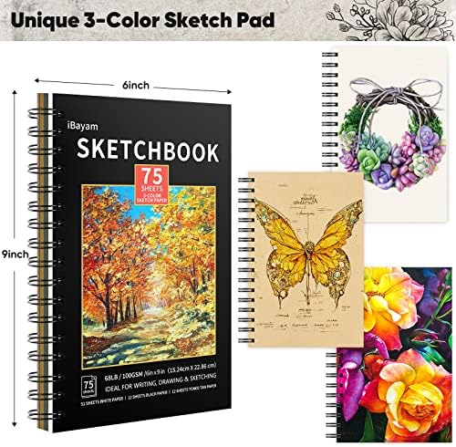 iBayam Art Sketching Drawing Supplies, 3-Color Sketchbook & Coloring Book | 78-pc Professionals art kit, graphite, charcoal, watercolor & metallic pencils, Non-toxic, zip case, Adults Kids Teen Girls