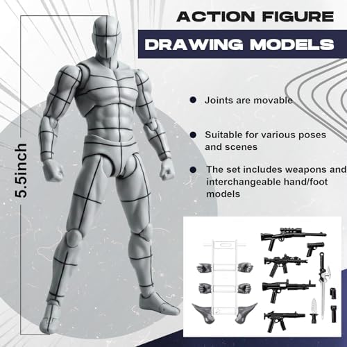 Ceenna Body Set, Action Figure Wireframe Adjustable Articulated Drawing Model Manikin Art Mannequin Figure for Artists Designers Sculptors Sketching Painting, Gray with Black Lines
