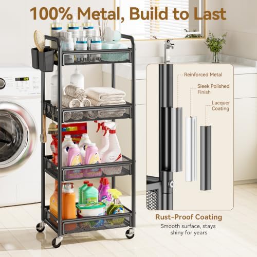 YASONIC 4 Tier Rolling Cart – Rolling Storage Cart with Wheels | Multi-Functional Utility Cart Storage Cart for Living Room, Kitchen, Office, Bathroom, Movable Storage Organizer with Wheels
