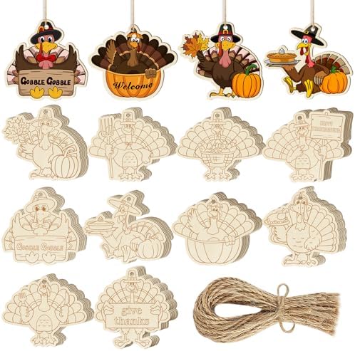 80PCS Wooden Thanksgiving Decoration Turkey Ornaments to Paint Thanksgiving Ornaments for Tree Crafts Cutouts Unfinished, DIY Blank Fall Unfinished Turkey Pumpkin Ornament for Home Harvest Hanging
