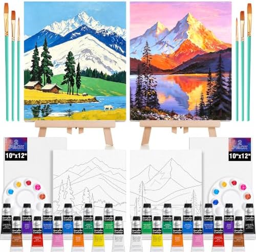 QUANWAISJ Sip and Paint Kit for Adults, Pre Drawn Canvas for Painting for Adults, 2 Pack Canvas Painting Kit, Paint Party Kit, Date Night Activities for Couples（Mountain Landscape ）